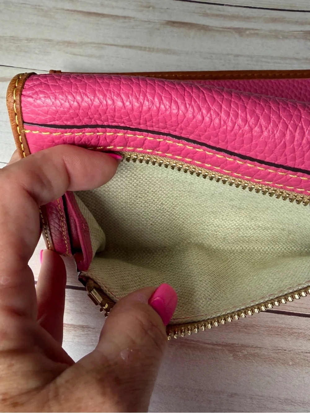 Dooney & Bourke Pink Leather Continental Wallet with Brown Trim
